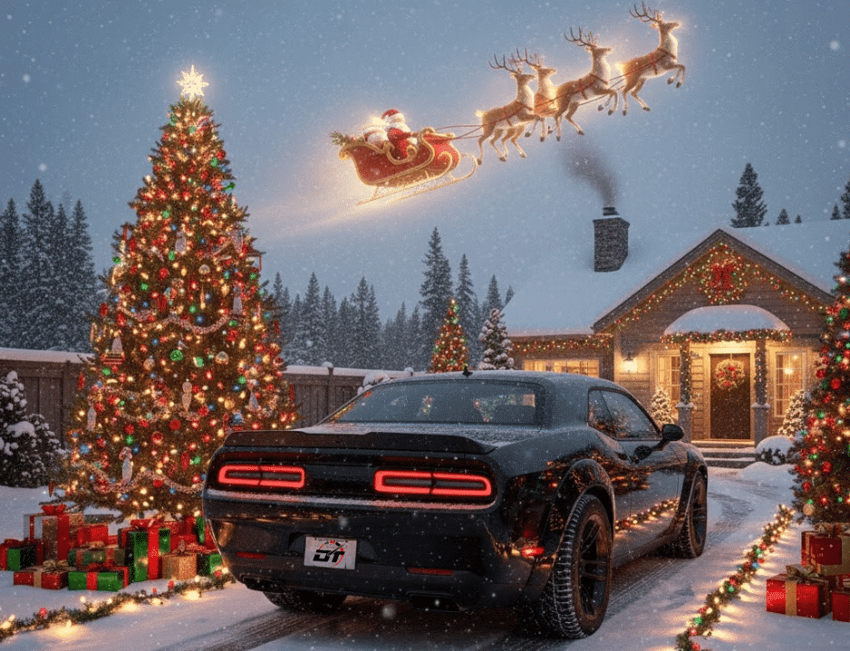 Christmas tree next to rear end dodge demon in front of a house with Christmas lights and Santa and reindeer flying over the house