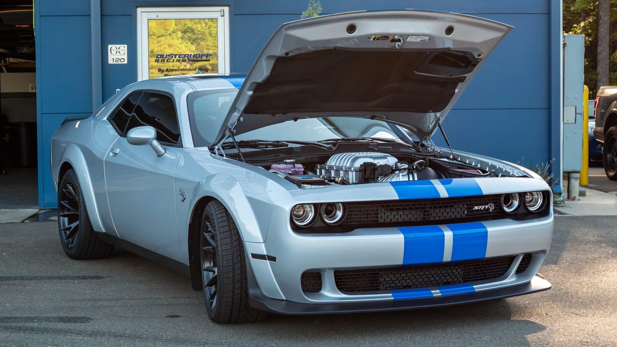 widebody challenger redeye hellcat silver with blue stripes