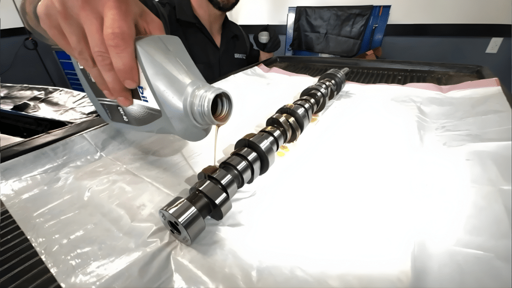 prepping camshaft with oil for install