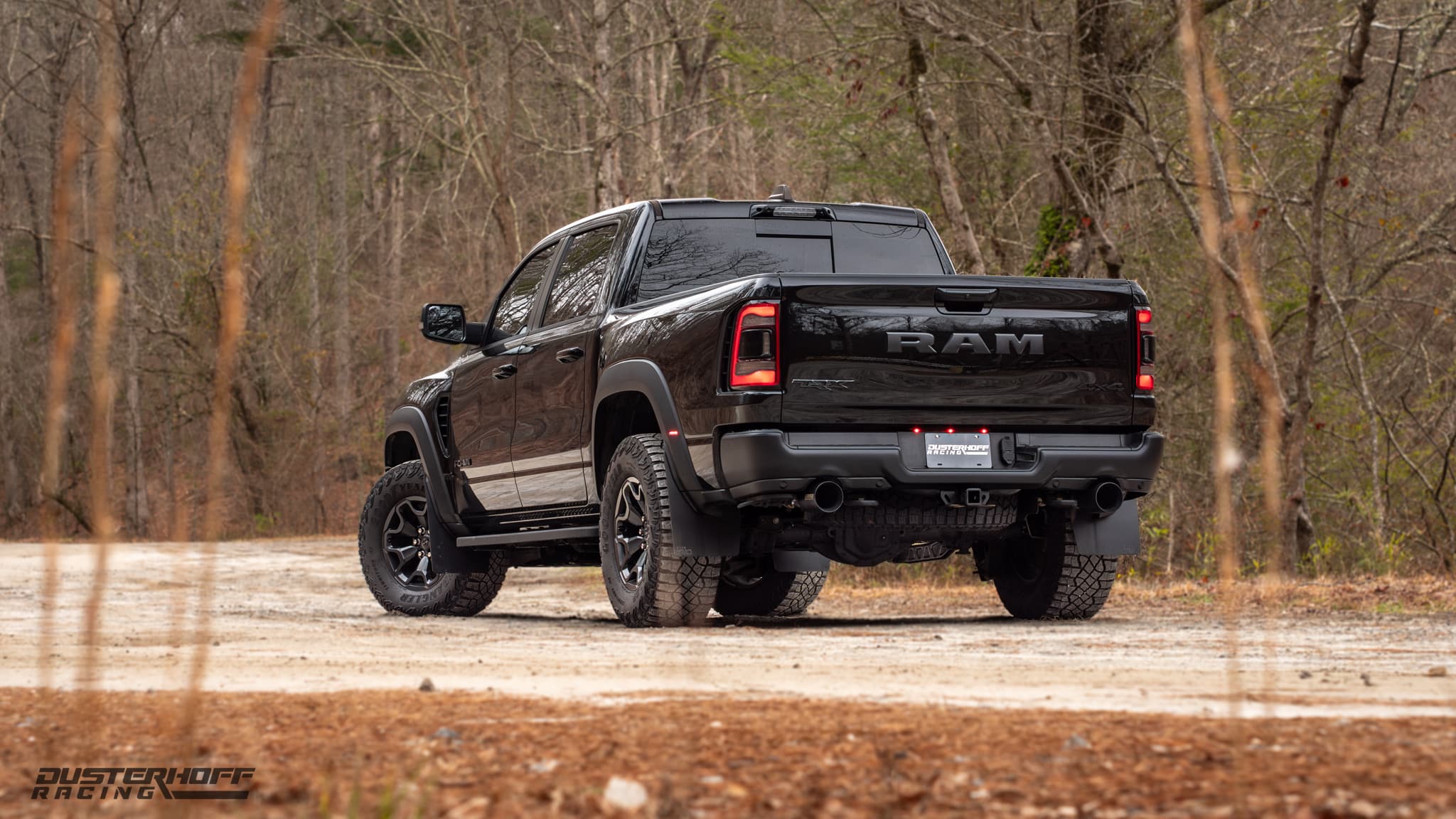 rear end shot of a ram trx black in color
